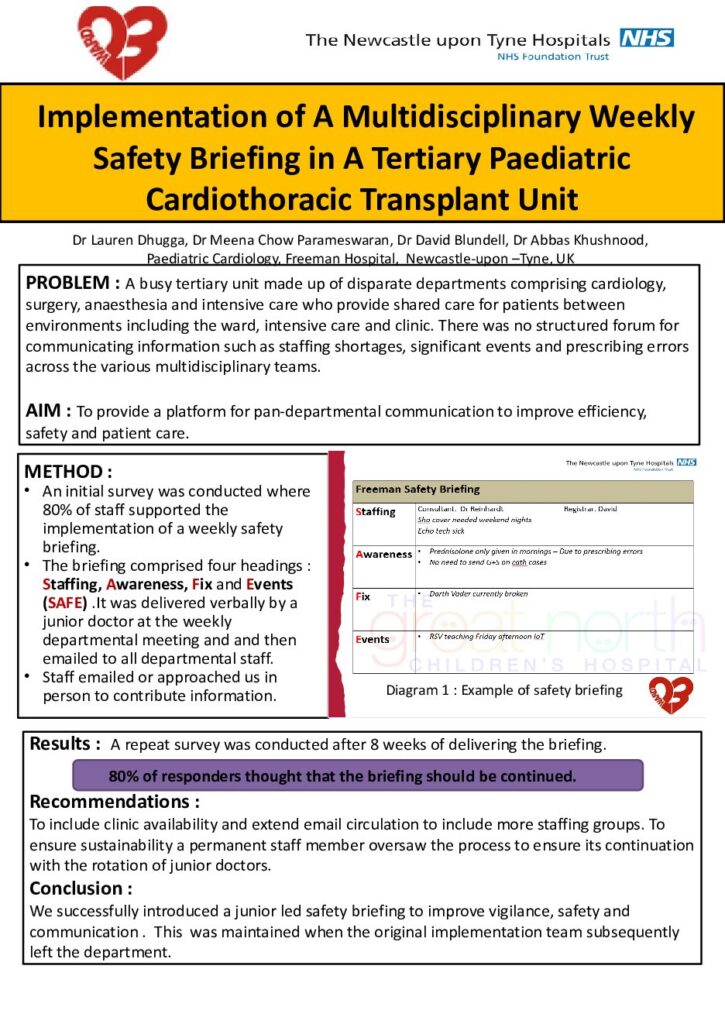 Implementation of A Multidisciplinary Weekly Safety Briefing in A Tertiary Paediatric Cardiothoracic Transplant Unit